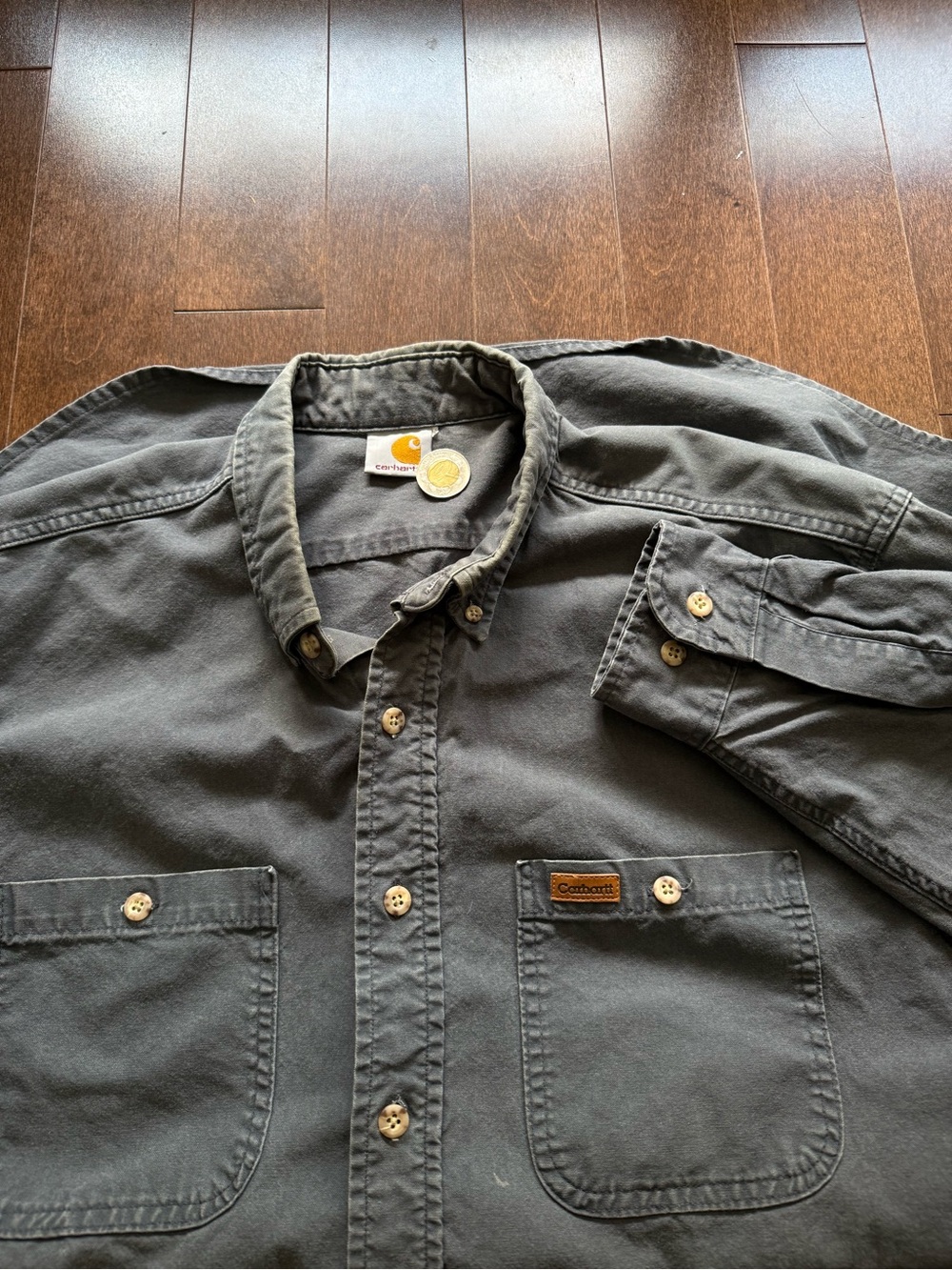 Vintage Carhartt Button Up Canvas Leather Patch 90’s Charcoal Grey Over Shirt L